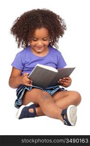 Student little girl reading with a book isolated over white