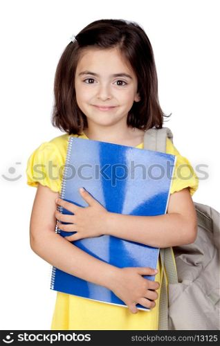 Student little girl with a backpack isolated on a over white background