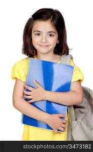 Student little girl with a backpack isolated on a over white background