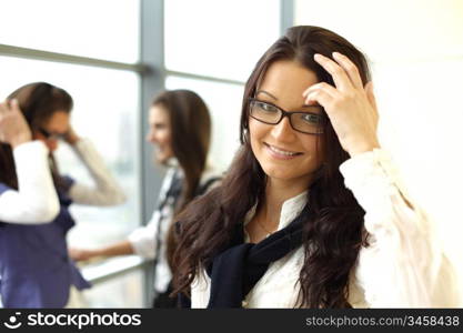 Student meeting smiley girl face on foreground