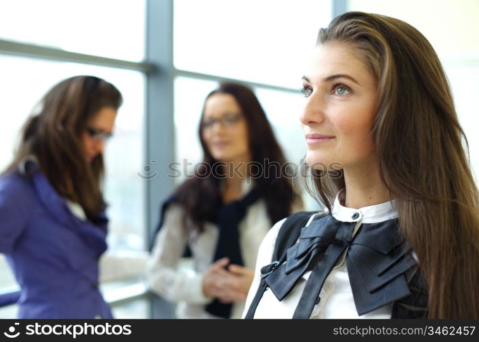 Student meeting smiley girl face on foreground