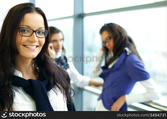 Student meeting smiley girl face on foreground