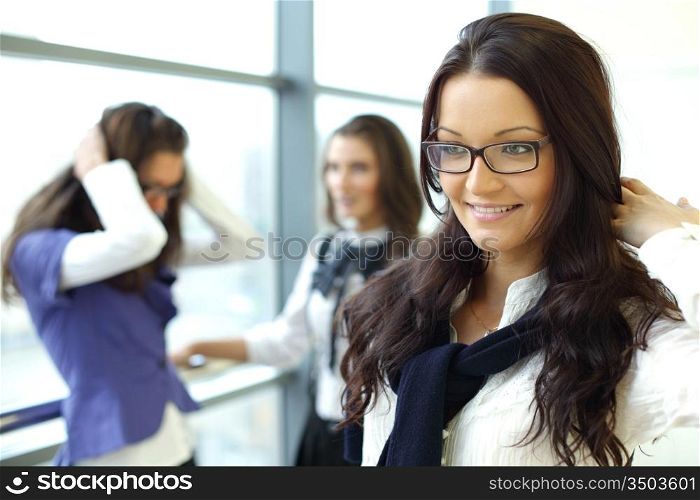 Student meeting smiley girl face on foreground