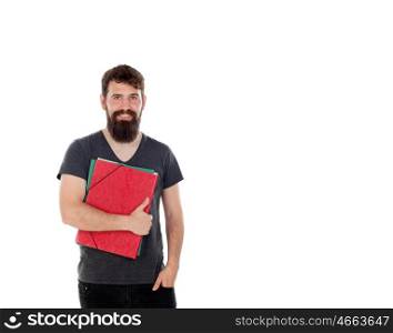 Student men with long beard isolated on a white background
