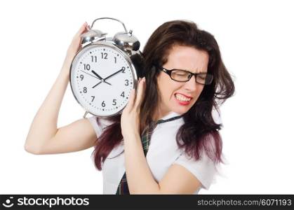Student missing her deadlines isolated on white