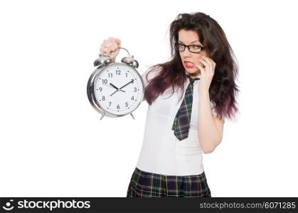 Student missing her deadlines isolated on white