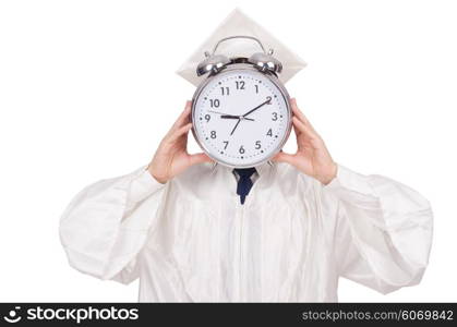 Student missing his deadlines with clock on white