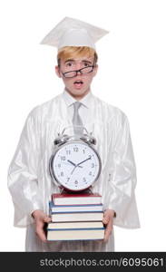 Student missing his deadlines with clock on white