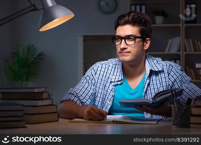 Student preparing for exams late night at home