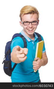 Student pressing virtual button isolated on white