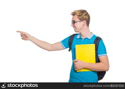 Student pressing virtual button isolated on white
