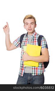 Student pressing virtual button isolated on white