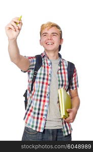 Student pressing virtual button isolated on white