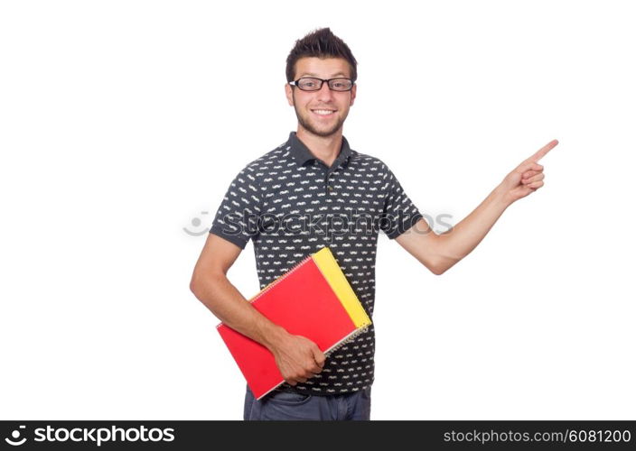 Student pressing virtual button isolated on white