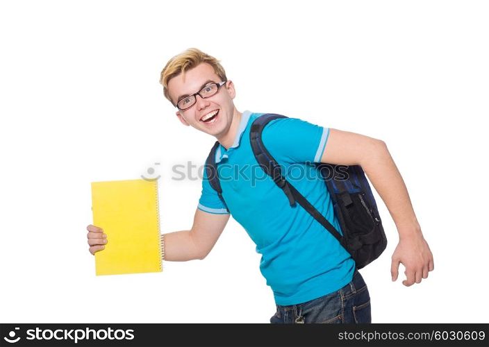 Student rushing to the lesson isolated on white