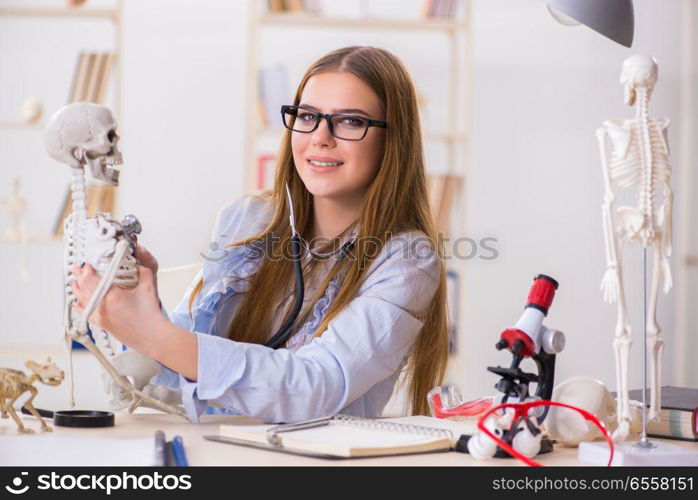 Student sitting in classroom and studying skeleton