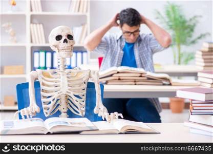 Student skeleton listening to lecture in classroom