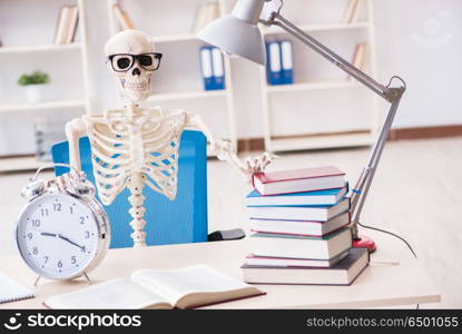 Student skeleton preparing for exams