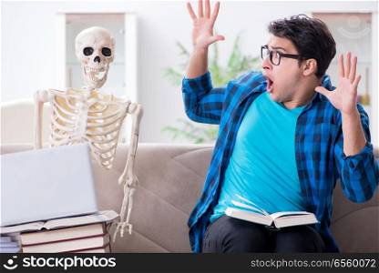 Student studying with skeleton preparing for exams