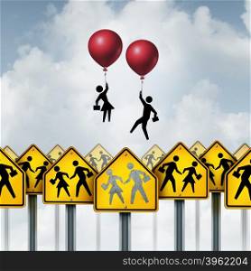 Student Success education concept as a group of school pupils on traffic signs with two students rising out of the sign with the support of balloons as a metaphor for succeeding in learning in a 3D illustration style.