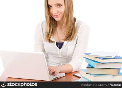 Student teenager happy woman typing laptop book