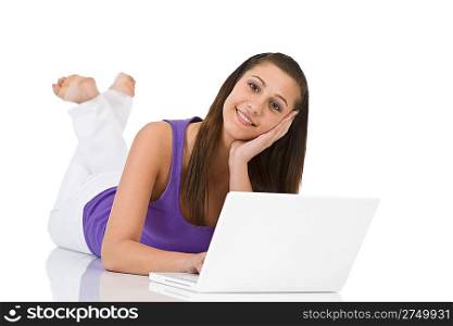 Student - teenager woman with laptop lying down on white background