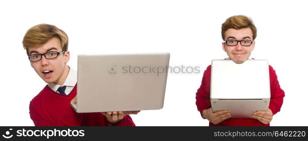 Student using laptop isolated on white