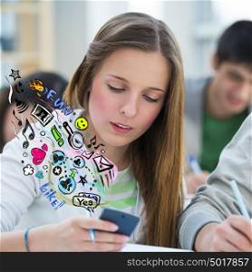 Student using mobile technology to communicate