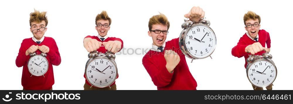 Student with alarm clock isolated on white