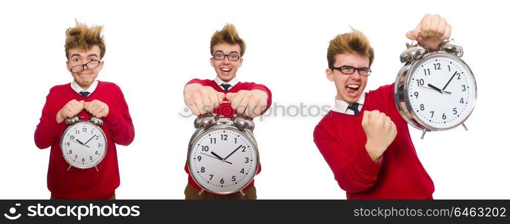 Student with alarm clock isolated on white