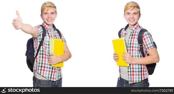 Student with backpack and notes isolated on white 