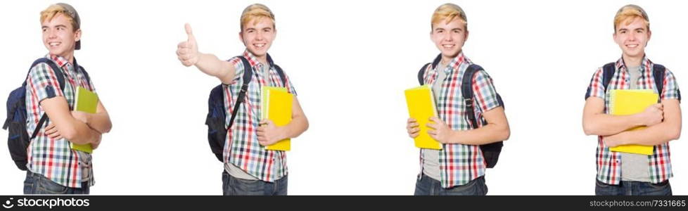 Student with backpack and notes isolated on white 