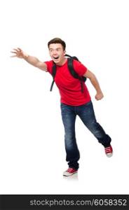 Student with backpack isolated on white