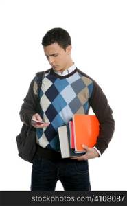 Student with bag, phone and books going school isolated on white