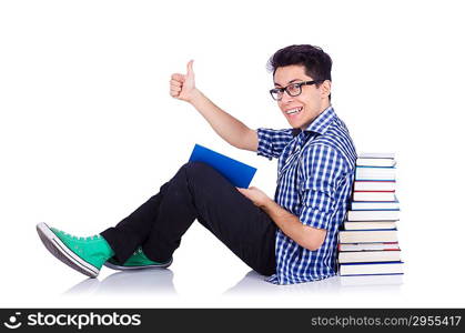 Student with lots of books on white