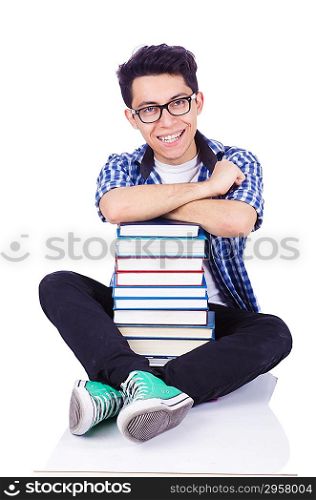 Student with lots of books on white
