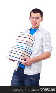 Student with lots of books on white