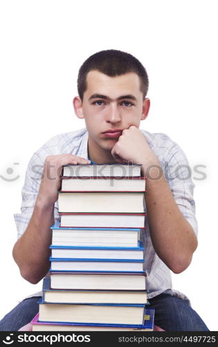 Student with lots of books on white