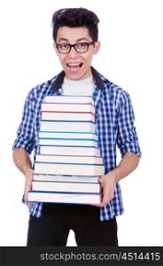 Student with lots of books on white