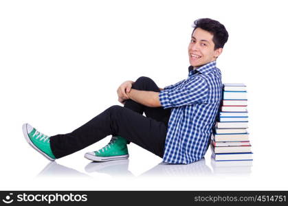 Student with lots of books on white