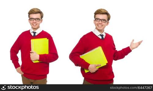 Student with paper isolated on white