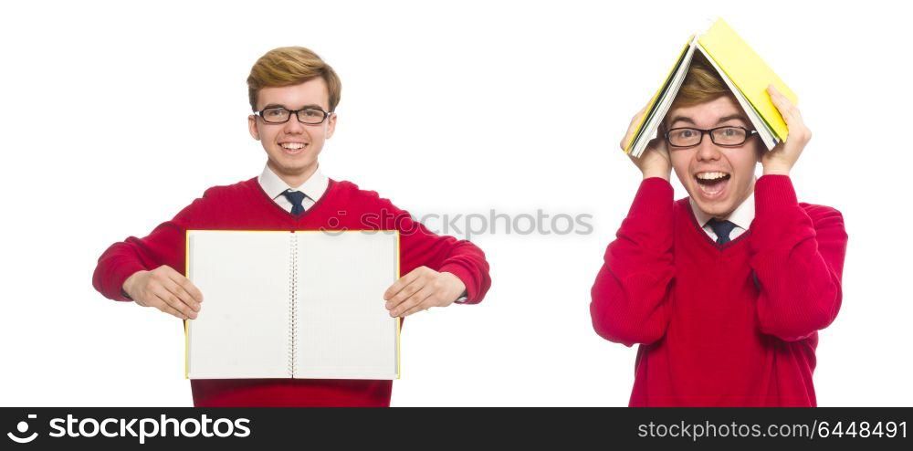 Student with paper isolated on white