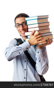 Student with stack of books on white