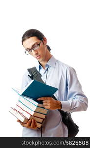 Student with stack of books on white