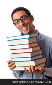 Student with stack of books on white