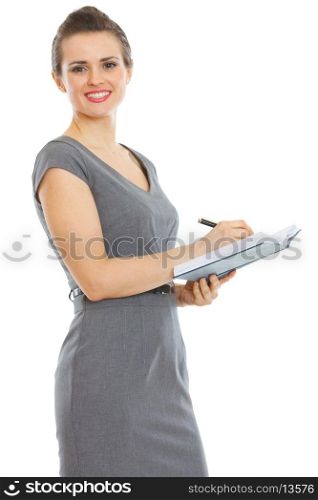 Student woman writing in notepad