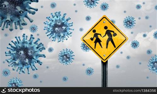 Students and virus outbreak or school disease concept as a student traffic sign with virus cells as a warning for flu or coronavirus and covid-19 outbreak in schools as a 3D illustration.