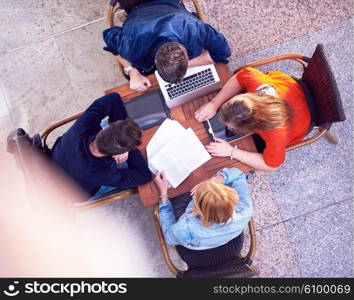 students group working on school project together at modern university, top view teamwork business concept