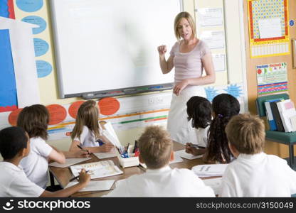 Students in class with teacher at board