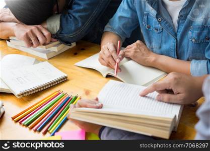students learning in study teens young education studying and brainstorming discussing their subject on books textbooks, university teen people team together concept